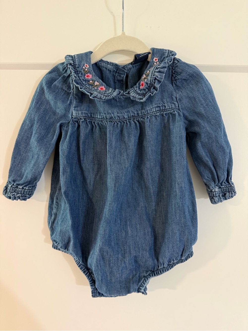 Baby Gap Denim Long-Sleeve Baby One-Piece with Embroidered Collar